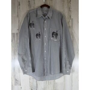 Mili Designs Button Up Shirt Size XL Black White Striped with Embroidered Zebras